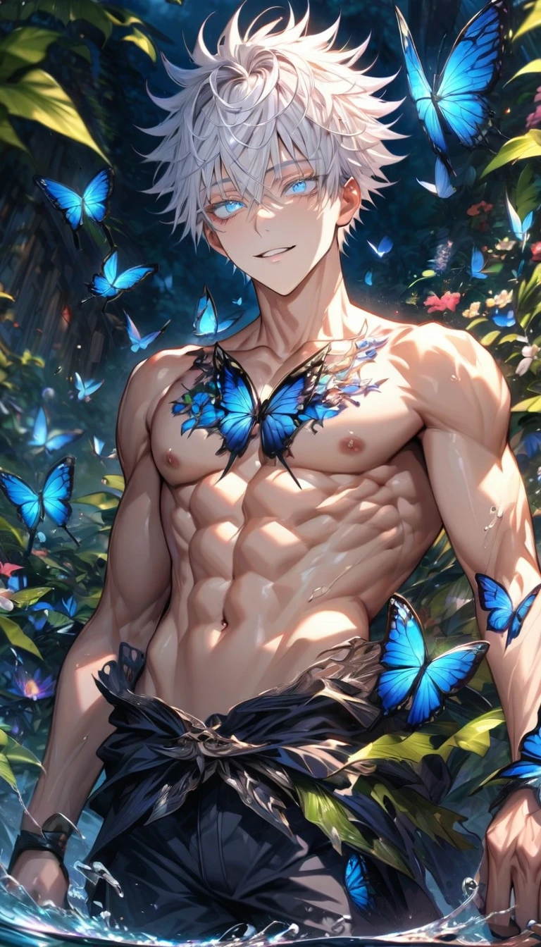 absurdres, highres, ultra detailed, HDR, master piece, best quality, extremely detailed face, Gojou Satoru, white hair, with bangs, hair between the eyes, expressive blue eyes, white eyelashes, Jujutsu Kaisen, solo, sexy man, handsome, handsome smile, bare chest, toned chest, without shirt, fantasy, magical, butterflies, summer, green leaves, flowers, water