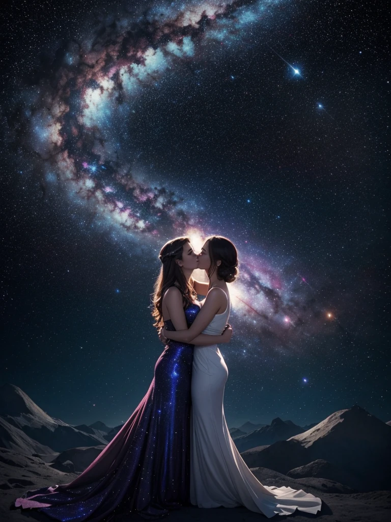 trois femmes, calin, hugging, détail élevé, super détail, super haute résolution, fille très sexy, profiter de son temps dans la galaxie des rêves, entouré d'étoiles, une lumière chaude 'éclairait, Tout le corps, l'rrière-plan est un ciel étoilé avec des galaxies colorées et des nuages de galaxies, des étoiles volent autour d'elle, visage délicat, ambiance ludique,