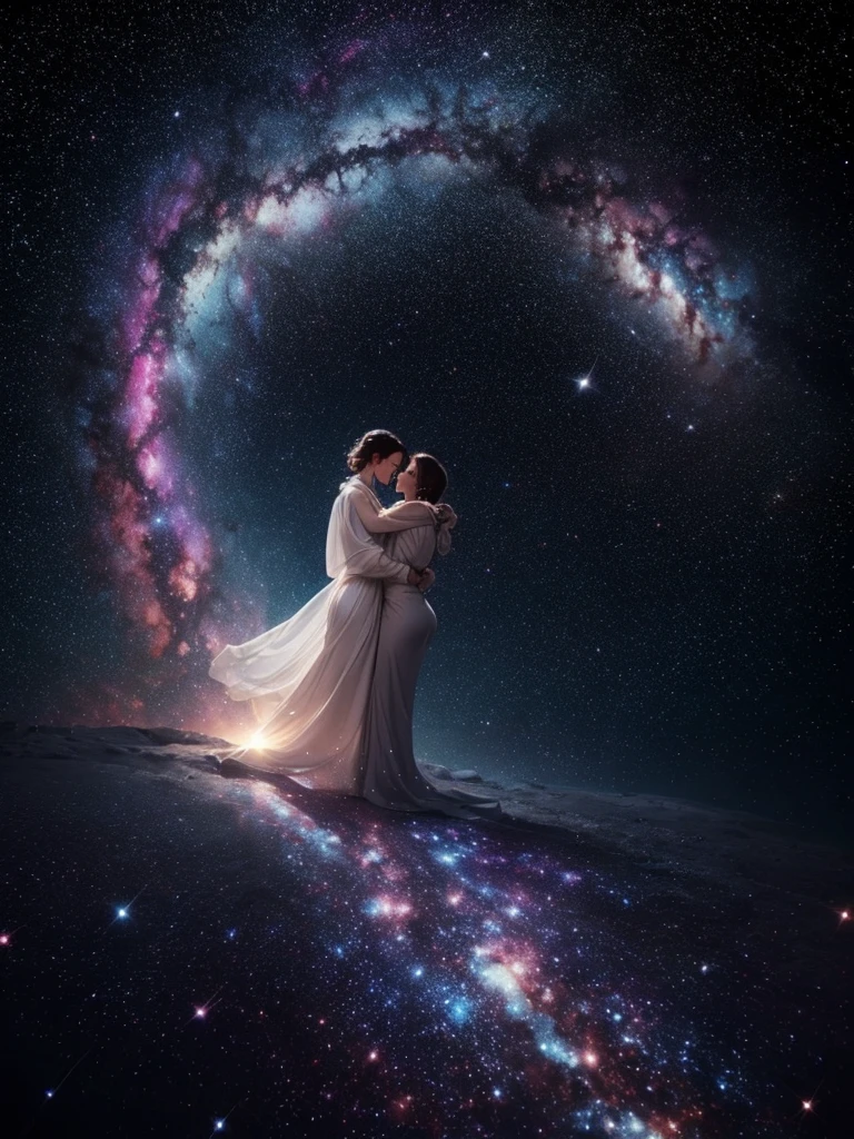 trois femmes, calin, hugging, détail élevé, super détail, super haute résolution, fille très sexy, profiter de son temps dans la galaxie des rêves, entouré d'étoiles, une lumière chaude 'éclairait, Tout le corps, l'rrière-plan est un ciel étoilé avec des galaxies colorées et des nuages de galaxies, des étoiles volent autour d'elle, visage délicat, ambiance ludique,
