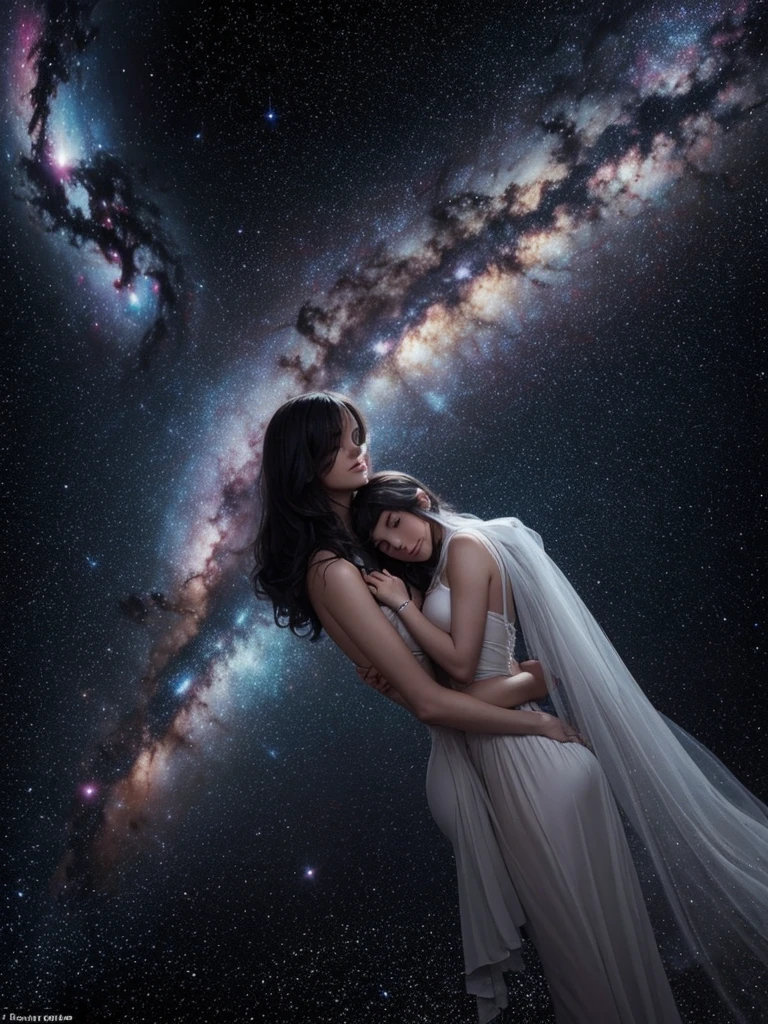 trois femmes, calin, hugging, détail élevé, super détail, super haute résolution, fille très sexy, profiter de son temps dans la galaxie des rêves, entouré d'étoiles, une lumière chaude 'éclairait, Tout le corps, l'rrière-plan est un ciel étoilé avec des galaxies colorées et des nuages de galaxies, des étoiles volent autour d'elle, visage délicat, ambiance ludique,