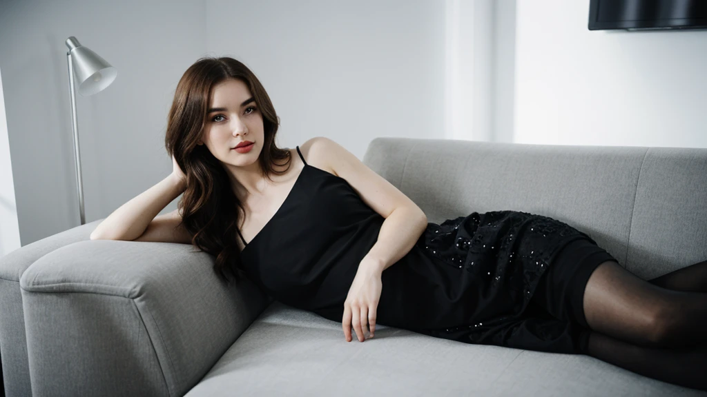 an icelandic woman with beautiful Delicate eyes, Beautiful and delicate lips, Extremely detailed face and skin, Pale skin, 23 years old, Wearing a dark lace top, black sequined skirt, skirt, high heels, medium long shot, Sitting on the sofa in the living room, sitting posture, beautiful lights, sexy figure, long legs, full body portrait. Beautiful photography,Long eyelashes, Good anatomy , Practical skin texture, Delicate eyes, professional, 4K, Wide-angle lens, Optical Depth of Field, Kodak Vision Color, Perfectly proportioned body, Extremely detailed, ultra-photoPractical, Practical, Post-Processing, Maximum details, Roughness, real life, ultra -Practical, Photorealism, photography, 8K Ultra HD, photography