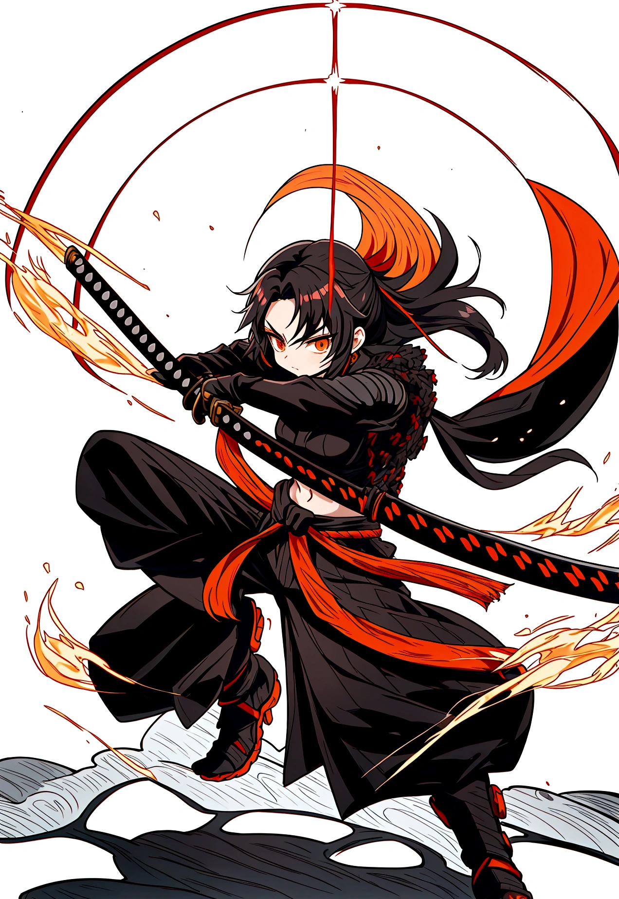 A warrior woman inspired by "Demon Slayer" wears a stylish and powerful Hashira uniform. She wears a black top that reveals her toned stomach, paired with fitted black pants. Black kimono has tips adorned with a gradient of flames, from yellow to orange. She has medium black hair, loose and curled, emoldurando seu rosto. His dark brown eyes exude determination and wisdom.. She holds a katana tightly, and around you, there is an aura of dancing flames, reflecting its intense presence. The scenery is dramatic, with a full moon in the sky. shoulders showing, tight-fitting glove up to the forearm Combat pose