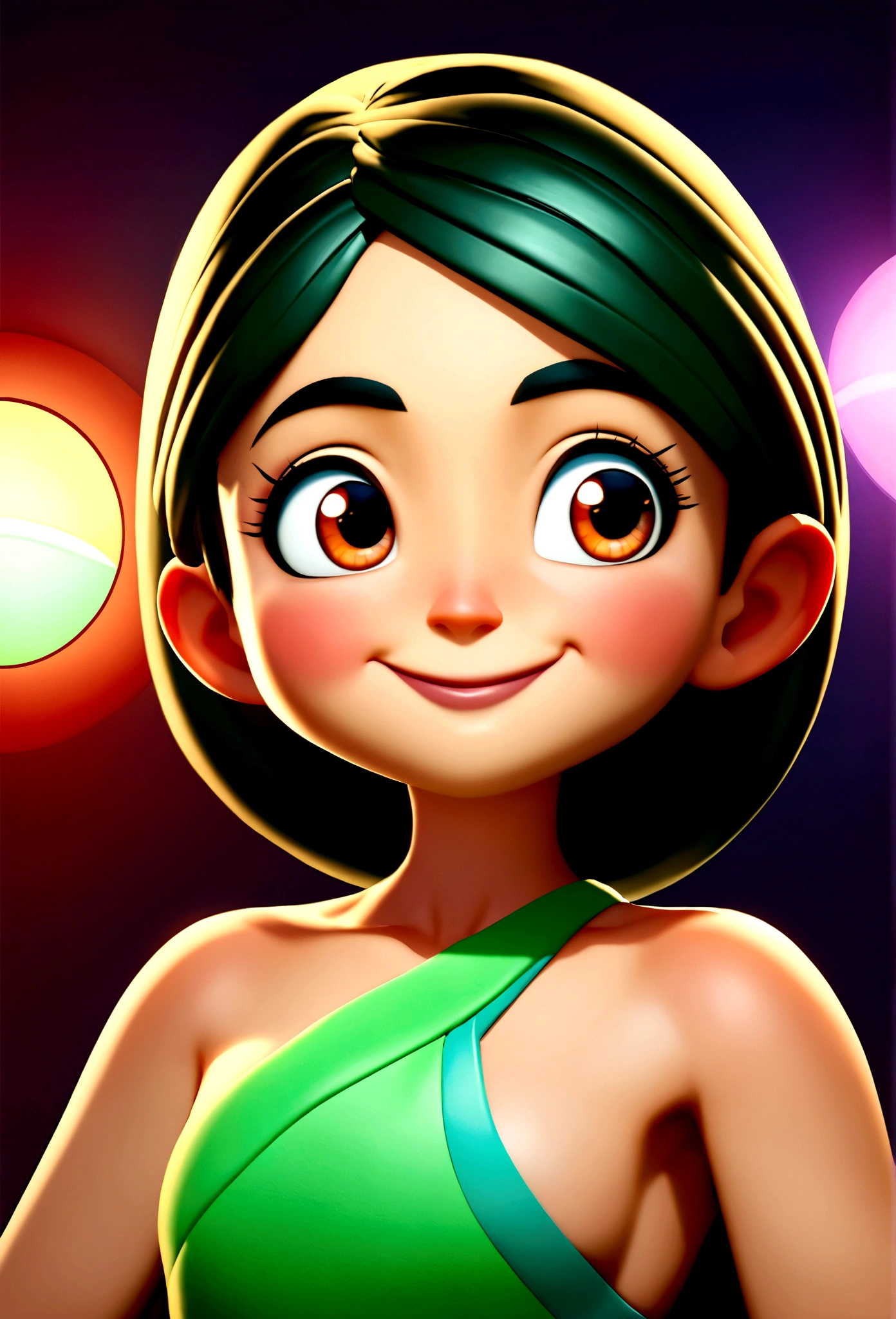 Imagem estilo pixar com personagem 3D óculos brancos morena mulher cabelo curto cacheado dançando, Disney makeup,fisherman, cute, smiling, naked close up, pixar, Disney, cinema lighting,