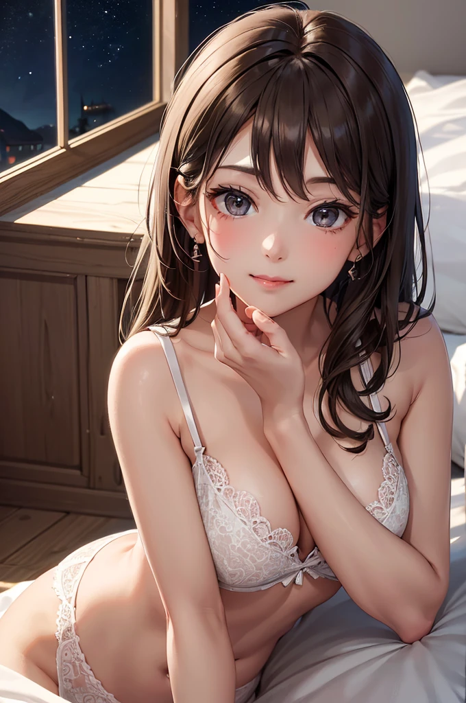 (Best Quality,High resolution,8K,finelity detailed background,Masterpiece:1.2),beautiful girl,Shiny brown hair,messy hair,Brown eyes,Gentle look,A refreshing look,Best quality,Best Quality,Aesthetic and aesthetic:1.2,Best details((Super detailed))(High-definition CG illustrations),Grey underwear (dark gray,intricate lace),Slender body,Late Night,Moonlit Night,Bedroom,On the bed,smile,blush,cute,Scrounge,Looking up,Being spoiled,super model,wariza