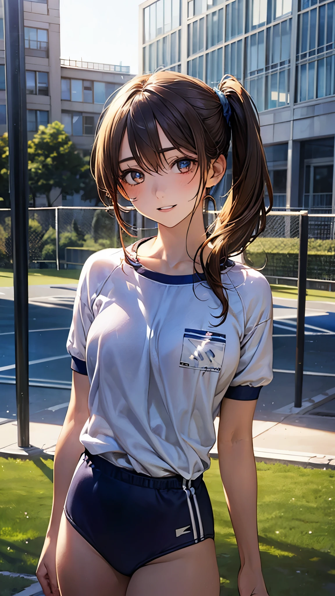 (masterpiece:1.2, top-quality), (realistic, photorealistic:1.4), beautiful illustration, (natural side lighting, movie lighting), nsfw,
looking at viewer, 1 girl, japanese, high school girl, perfect face, cute and symmetrical face, shiny skin,
(middle hair:1.5, side ponytail:1.2, light brown hair), hair between eyes, gold eyes, big eyes, long eye lasher, (medium breasts, thick thighs), slender,
beautiful detailed hair, beautiful detailed face, beautiful detailed eyes, beautiful clavicle, beautiful body, beautiful chest, beautiful thigh, beautiful legs, beautiful fingers,
(gym uniform, blue buruma),
(beautiful scenery), evening, (school grounds), standing, (lovely smile, upper eyes, parted lips),