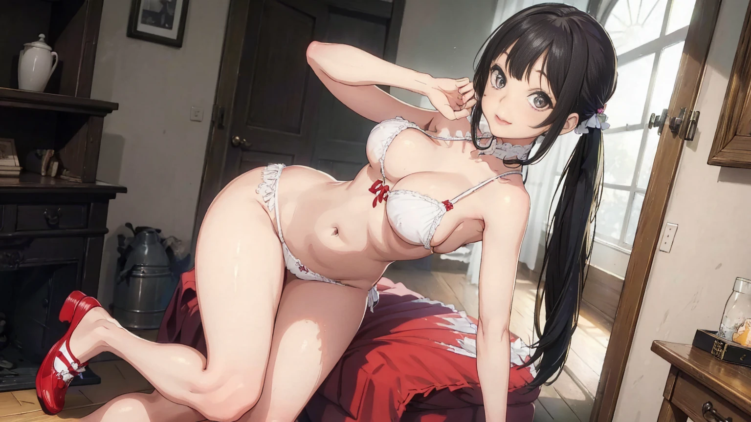Masterpiece、Highest quality、Highest quality, (long and thin legs, shoes:1.2), 1 girl, (smile、Open your mouth大笑い:1.2), Cute eyes, (Detailed face:1.3)、Open your mouth, The whole face turns red, Oversized breasts, Big and ample breasts, (Straight bangs, Twin tails), White maid outfit、(Bust is micro bikini:1.1)、Side bust、Underbust、belly button、Walking through the mansion'corridor、nsfw、shoes下