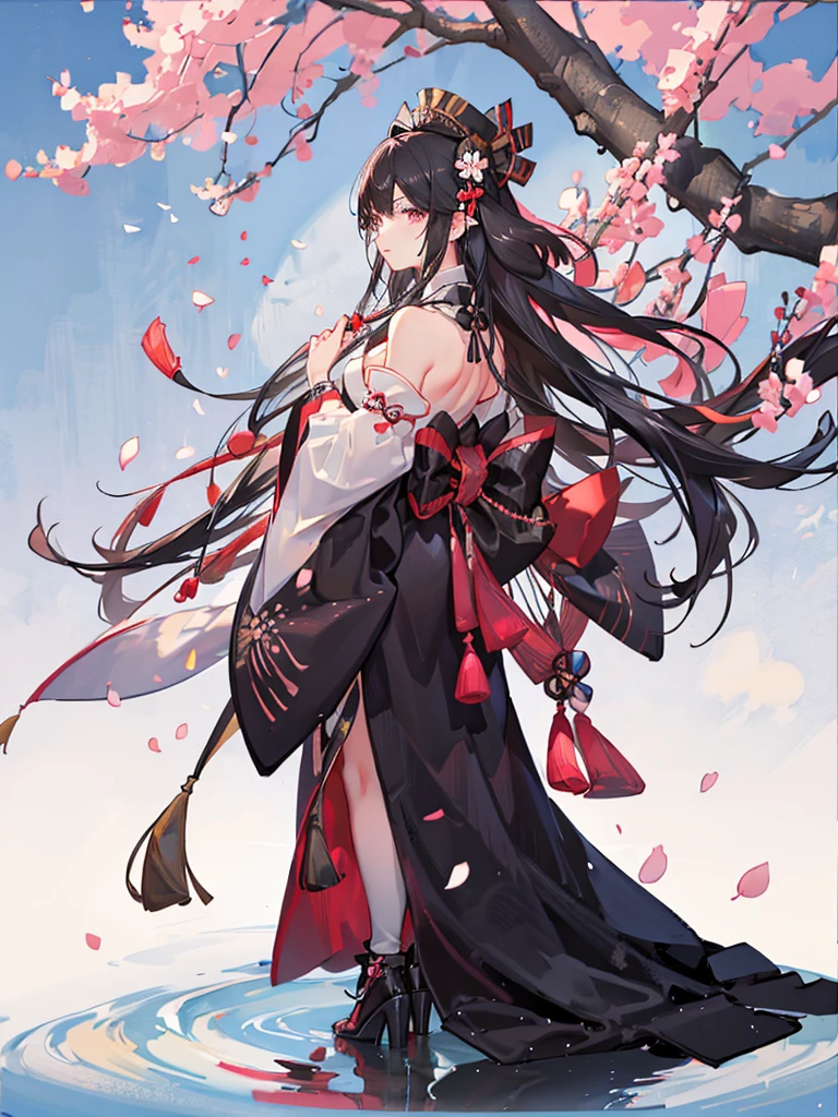 best quality, character design sheet, adult woman、No hat on, Black and pink hair, whole body, Head to Toe, Fortuneteller、Standing facing forward, Beautiful black dress, long Black Hair, Pure white background, from front, best quality, Cherry blossom pattern、Japanese、Adult Japanese、Clear eyes、Standing facing forward、The face is facing forward、holding a magic card in hand、White background、Black western dress、Neutral face、Black hair with pink inner color