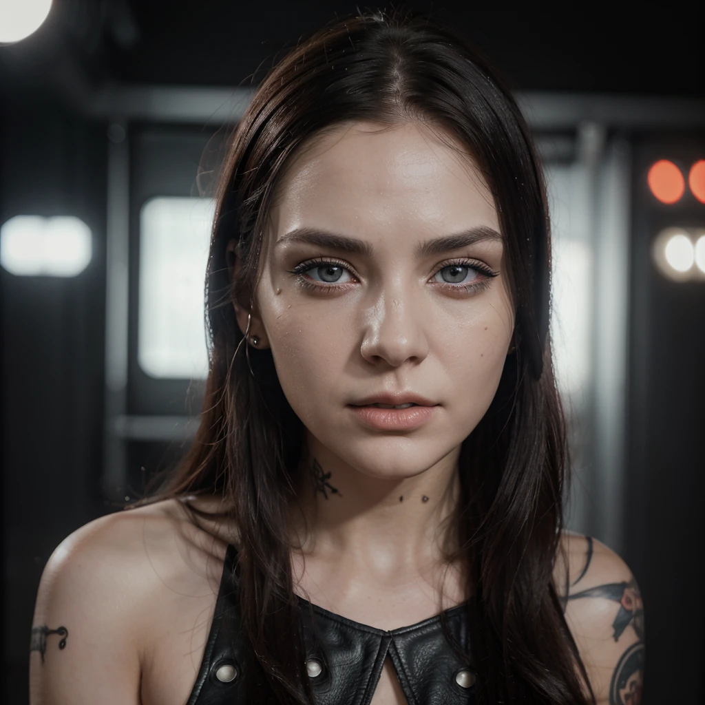 thin realistic girl with white skin and a thin face, eyes with black irises, black eyebrows and long, red, straight hair with a bad face dressed in short leather clothes in rock'n roll style with piercings and spider web tattoos on her face. face and arms on a background with trendy shapes in black and white.