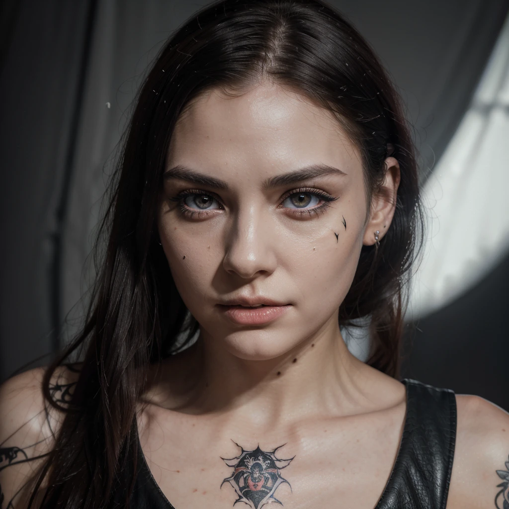 a thin realistic girl with white skin and a thin face, beautiful detailed eyes with black irises, beautiful detailed eyebrows, long straight red hair, short leather clothes in rock'n roll style, facial piercings, spider web tattoos on face and arms, black and white trendy shapes background, best quality,4k,8k,highres,masterpiece:1.2,ultra-detailed,realistic,photorealistic,photo-realistic:1.37,HDR,UHD,studio lighting,ultra-fine painting,sharp focus,physically-based rendering,extreme detail description,professional,vivid colors,bokeh,portraits,horror,concept artists