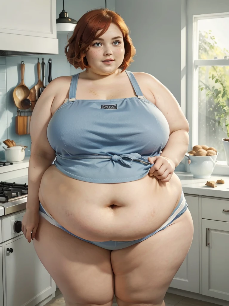 A muffin-baking photo of a young beautiful bottom heavy tradwife redhead ssbbw with pear-bodyhape, with short ginger hair soft fat belly, very wide fat obese hips, very obese legs, thick fat wide legs and fat arms, huge wide butt, cute pretty face, small breasts, blue eyes, freckles, in a long cooking apron in a kitchen, makeing lot ot muffins