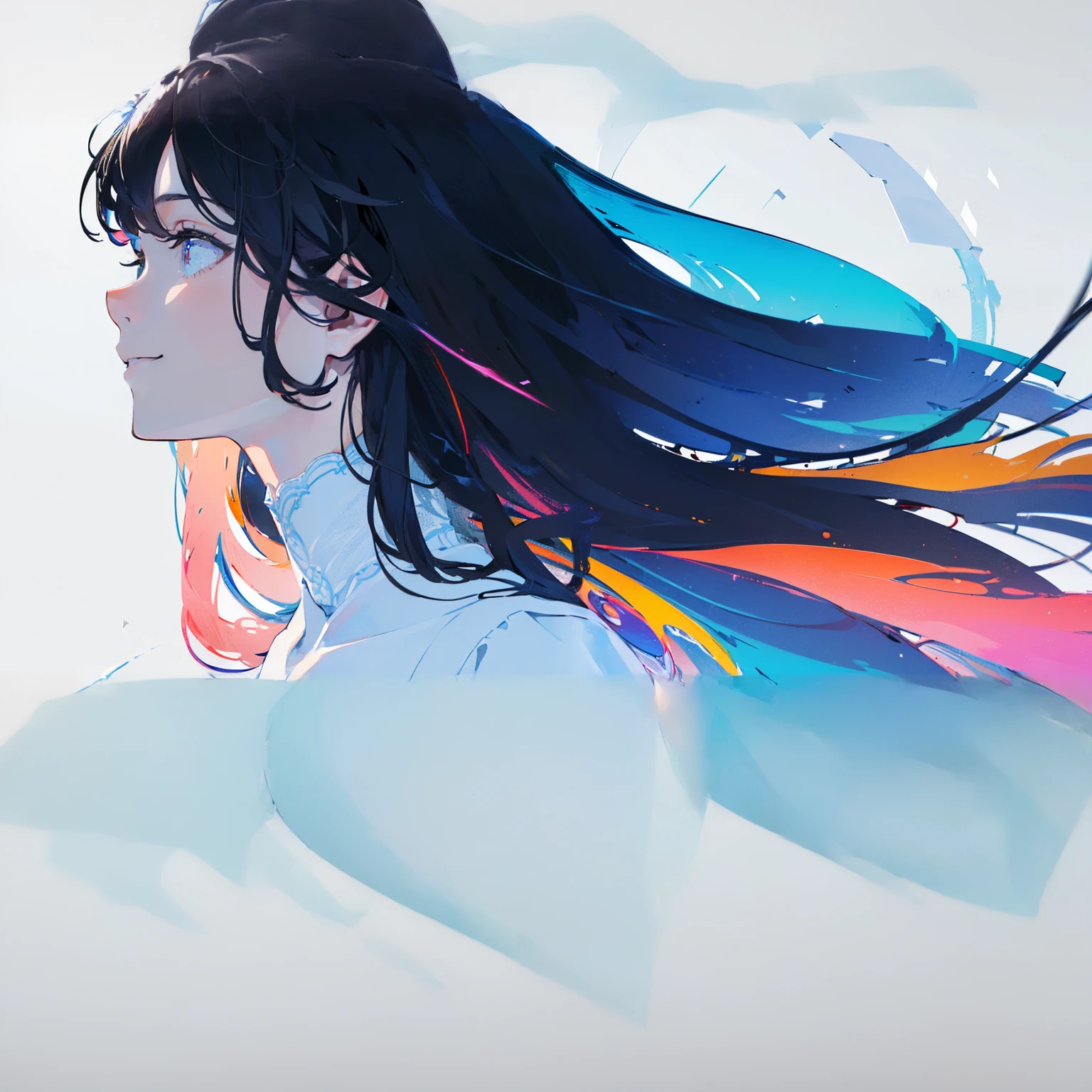 Ultra-high resolution, high resolution, ((premium, 8k, 32K, masterpiece)), Very detailed, (Low angle full body shot 1.2,) volumetric lighting, Cinematic, (((Colorful))), A dark-haired beauty, Japanese women, 20-year-old, Small face, , (photorealistic), (realistic),(A smile devoid of emotion), Demure dress, (Minimal exposure:2.0), silky hair, woman seen from behind, In the act of turning, looking up, Very fine and beautiful face, Beautiful and well-proportioned face, Very beautiful face, An empty major roadway