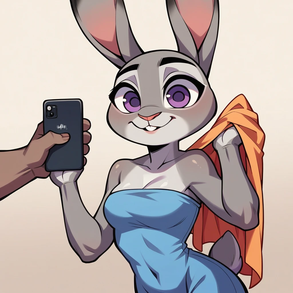 score_9_presence, score_8_up, Judy Hopps, wrapped in towel medium breasts, holding phone