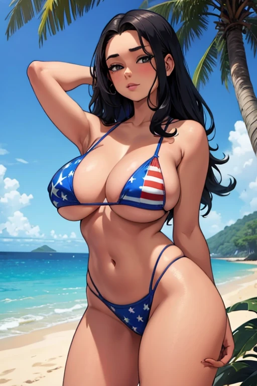 Beautiful Samoan woman, beautiful face, big breasts, massive breasts, tiny waist, thick thighs, wearing an American flag, at the beach 