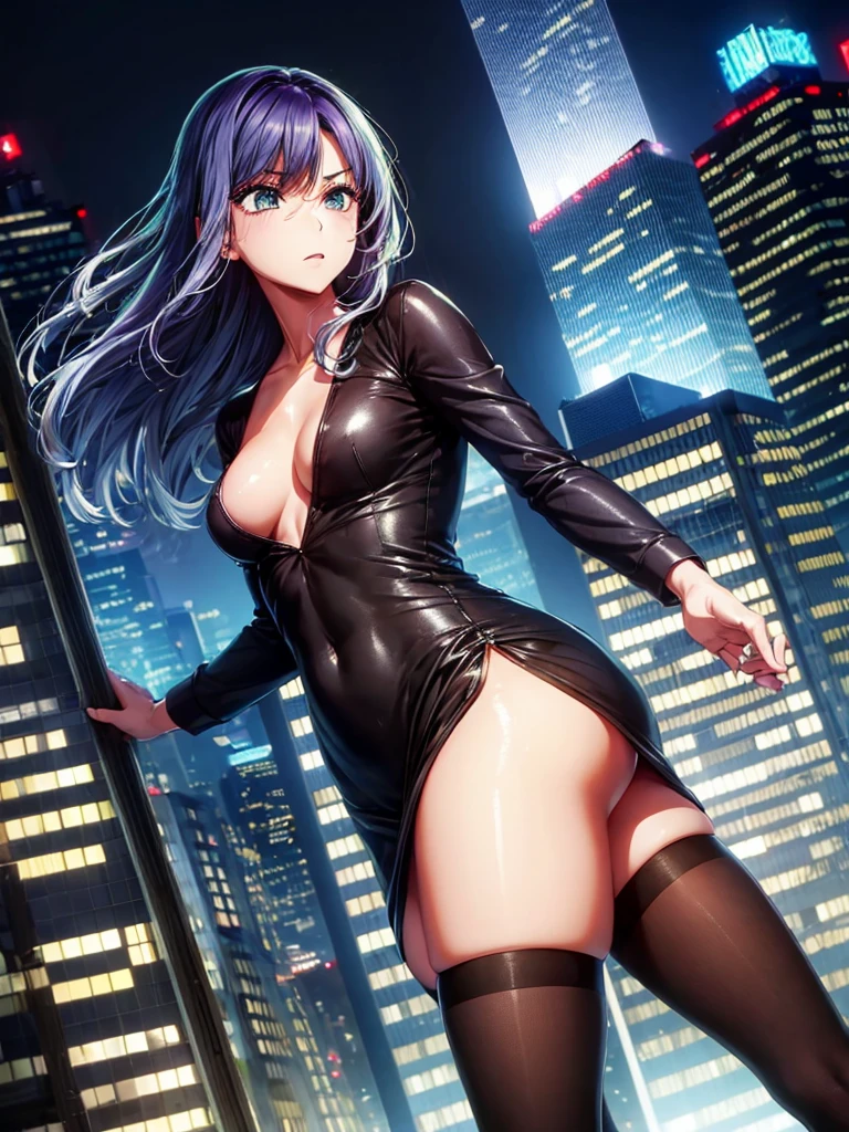 Girl, short tight dress , You can see her breasts, Skyscraper balcony  background, openlegs, night, Bare chest, small breast, slim body, Stiletto Shoes, wet body, Wet hair, rain, tokyo, 