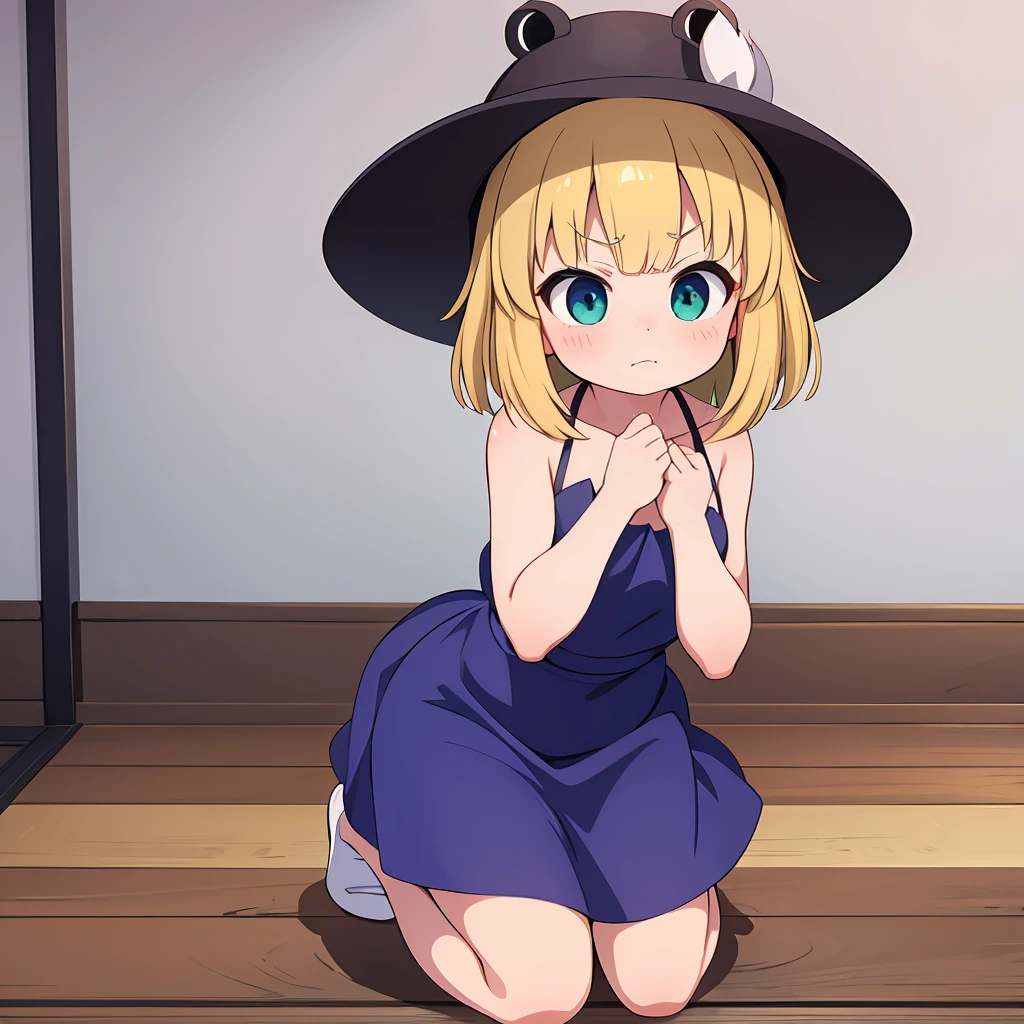 ((Highest quality)), ((masterpiece)), (detailed), Moriya  Suwako short hair middle breasts  WhiteThong Cute face Angry face スカートたくし上げ　Kneeling