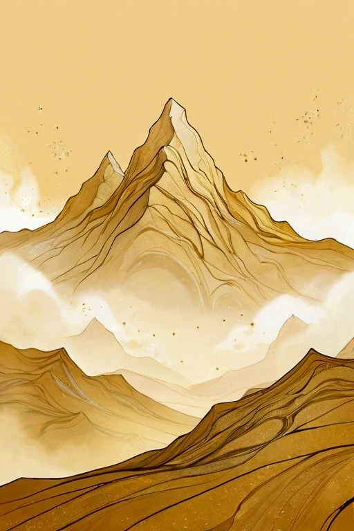On the empty wasteland，Surrounded by many hazy golden particles floating in the air，Mysterious atmosphere，Hazy abstract future aesthetic mountain minimalism, Simple drawing, dyeing
