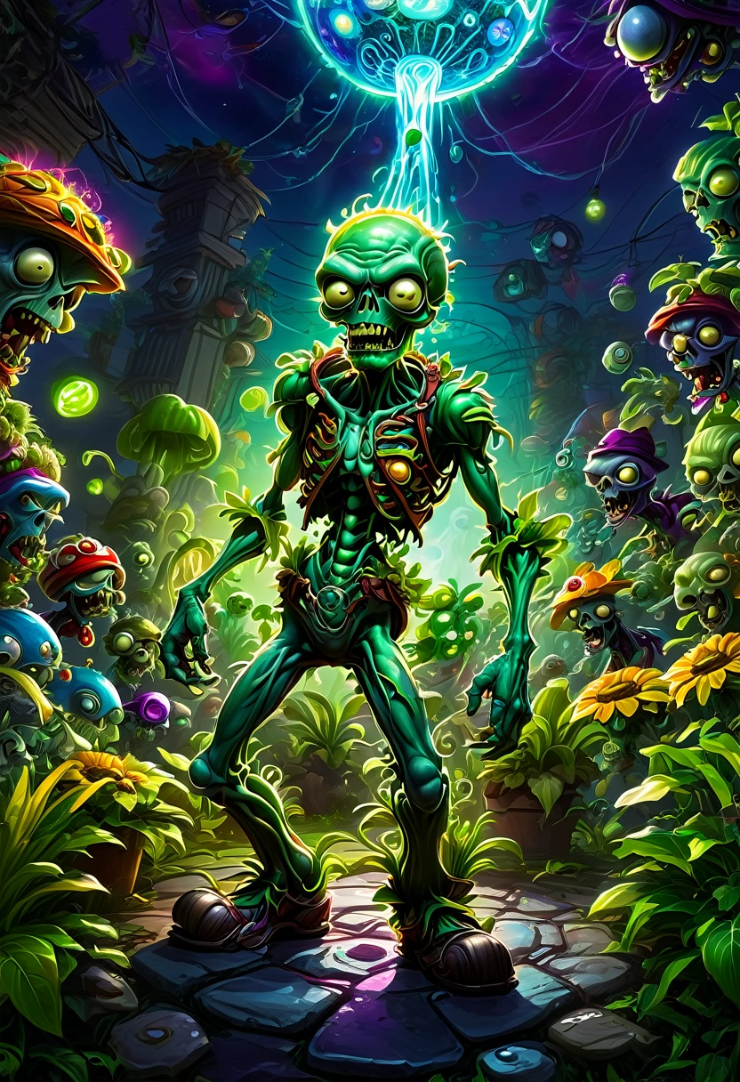 a Zombie dressed like Elvis Presley, hair, electric guitar, disco, game "Plants vs. Zombies", full body, cinematic still, cinemascope, best quality, masterpiece, very aesthetic, perfect composition, intricate details, ultra-detailed, vivid colors