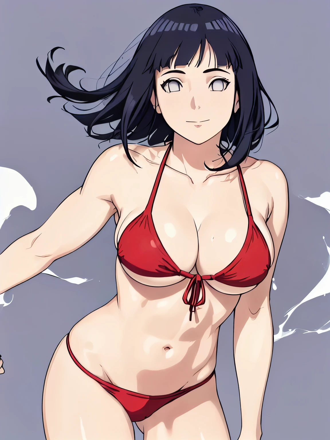 (hinata\(boruto\), (high quality:1.8), (anime, tall woman, (standing and leaning forward:1.4), cowboy shot, angle view, (sweat:1.4), ((red bikini only and wear nothing else, red bikini only and wear nothing else, almost naked, bare arms, bare arms, bare shoulders)), (long belly:1.2), (wide shoulders, off-shoulders, little biceps), smile), (big breasts:1.5) ,(tight cleavage), closed mouth), (posing for the viewer), ((pale skin)), ((little biceps:1.4)), ((dark blue, short hair, hime cut، loose hair, floating hair, floating hair), (background: simple white background only), (background: simple white background only), (background: simple white background only), (background: simple white background only), (background: simple white background only)