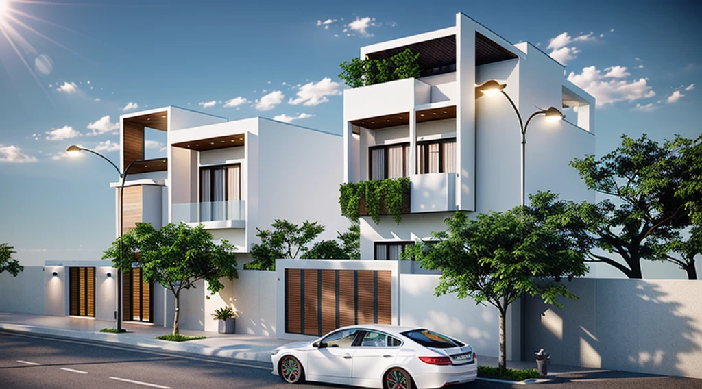 villa modern,nuit, realistic, Outside, sunlight, house, Photo brute, 8k uh, digital SLR, (highly detailed skin:1.3), Soft lighting, ultra quality, grain de film, Fujifilm XT3, sharp image, best quality, authentique, High quality,