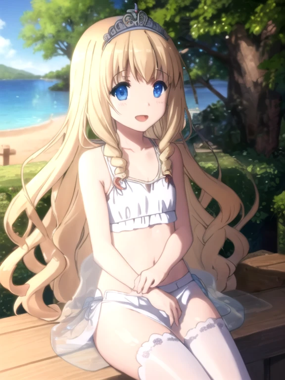 best quality, (masterpiece:1.2), highly detailed, day, outdoors, (beautiful and clear background:1.2), 1girl, solo, latifa fleuranza, open mouth, happy, smile, looking at the viewer, blonde hair, long hair, very long hair, blue eyes, (finely detailed beautiful eyes: 1.2), (tiara), ((theme park)), (boat ride, bathing, wet, pond, water, water fall, water splash, plants, tree, lantren), wet body, flat chest, little,, (white bikini, white lace bikini), cameltoe, lie down,