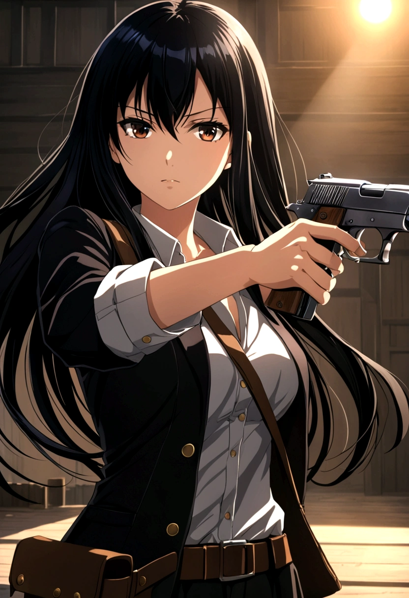 Anime girl with long black hair with a gun in her HAND ANIME