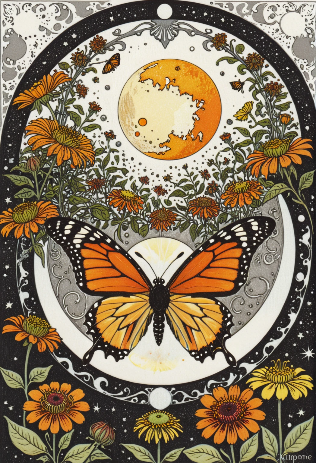 symmetric, balanced, monarch butterfly at the center of the moon surrounded by a frame of zinnia flowers, dark amber and gray colors, ephemeral patterns, witchcore aesthetics, cloisonnism, eleanor vere boyle, Ivan Bilibin Style page, lks73zb1, Inkdrawing, by Kr355e