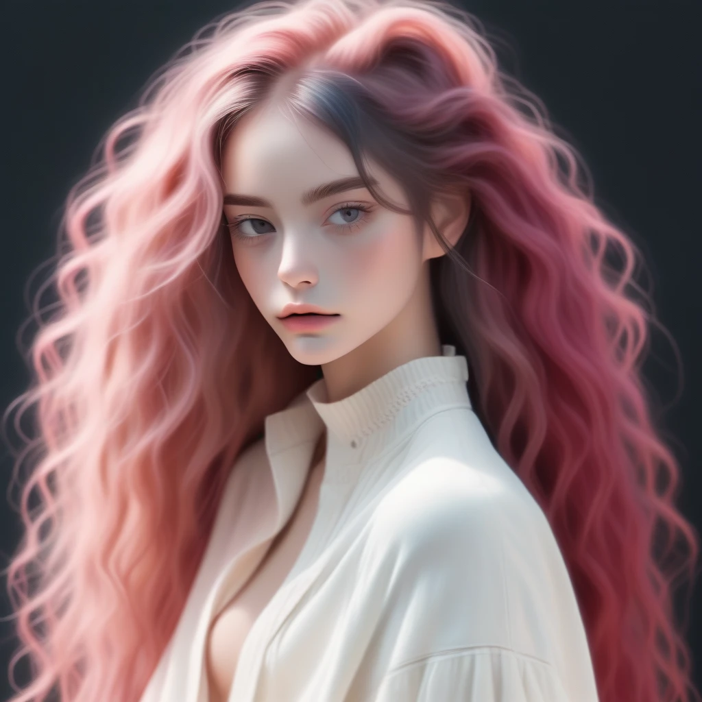 sexy cute pretty young girl,solo, portrait,Amaranth simple background,long wavy hair, Dirty iridescent pink hair, realistic, (masterpiece,best quality,niji style)