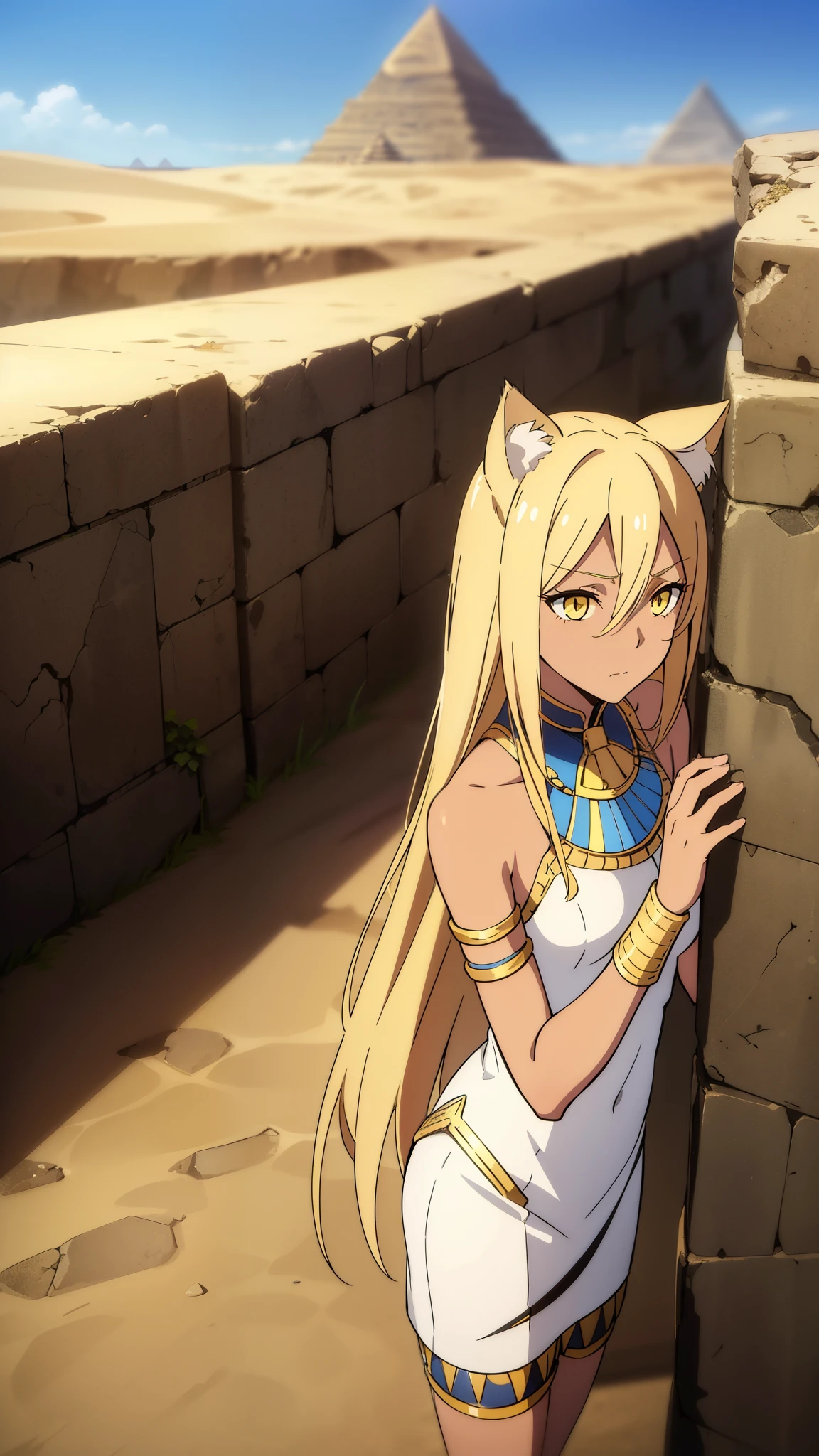 1girl ,solo,20s,mature female,blonde hair,long hair,cat ears,yellow eyes,(((dark skin))),(Egypt, blue sky, sun),egypt oufit,bare shoulders,looking at view,sad
