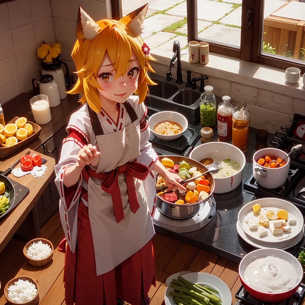 Masterpiece, only 1 girl,Senko-San,miko,smile, apron, fluffy tail, fox ears, beautiful_detailed_eyes,hearts in eyes,looking at the viewer,cooking, knife, board, vegetables.BREAK. Japanese-style kitchen, the viewer's hands reaching for the tail.