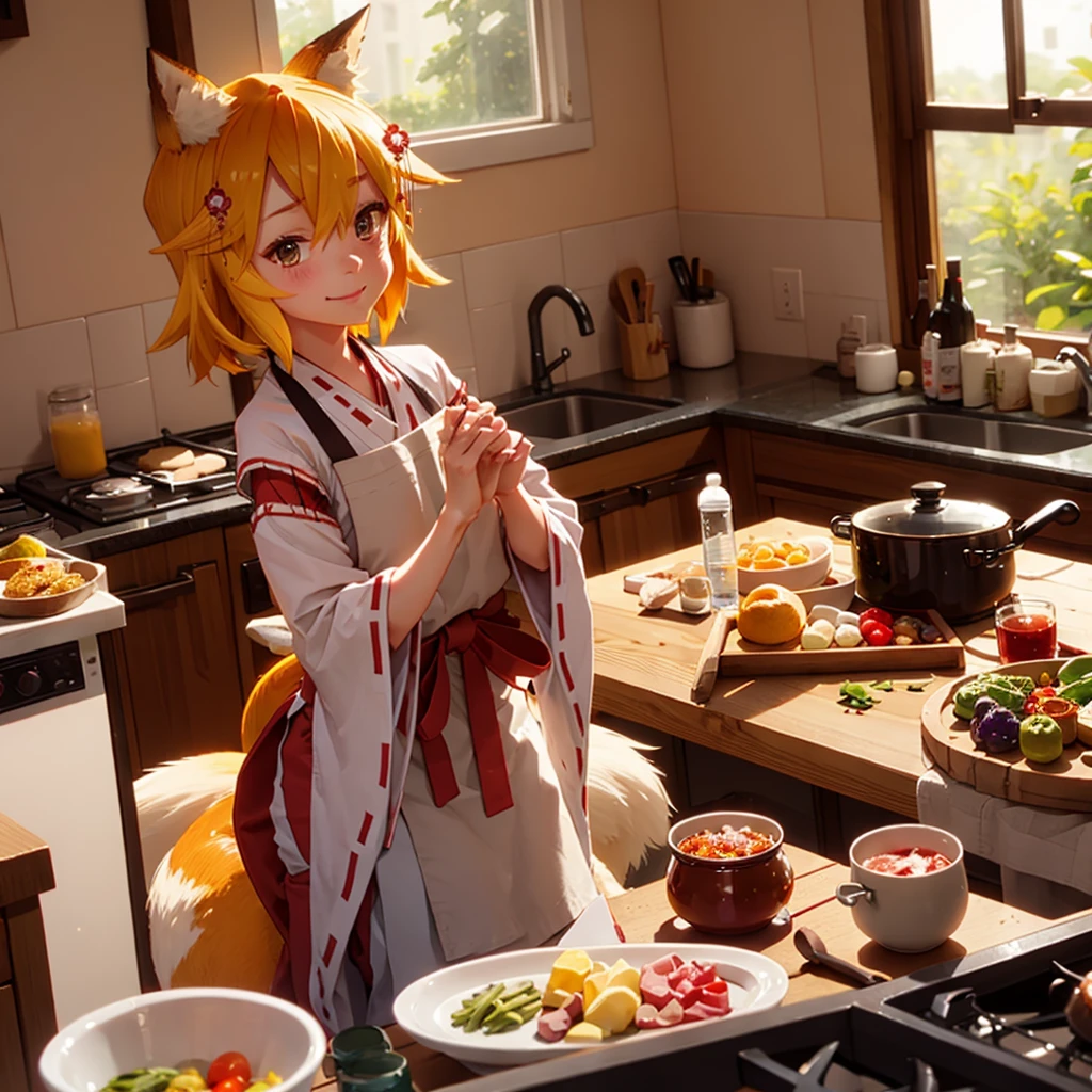 Masterpiece, only 1 girl,Senko-San,miko,smile, apron, fluffy tail, fox ears, beautiful_detailed_eyes,hearts in eyes,looking at the viewer,cooking, knife, board, vegetables.BREAK. Japanese-style kitchen, the viewer's hands reaching for the tail.