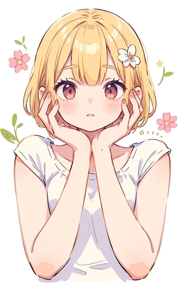 ((1girl, flower, Blond hair, white background)), upper body, anatomically correct, fixed hand, hand on chin, short hair, chibi