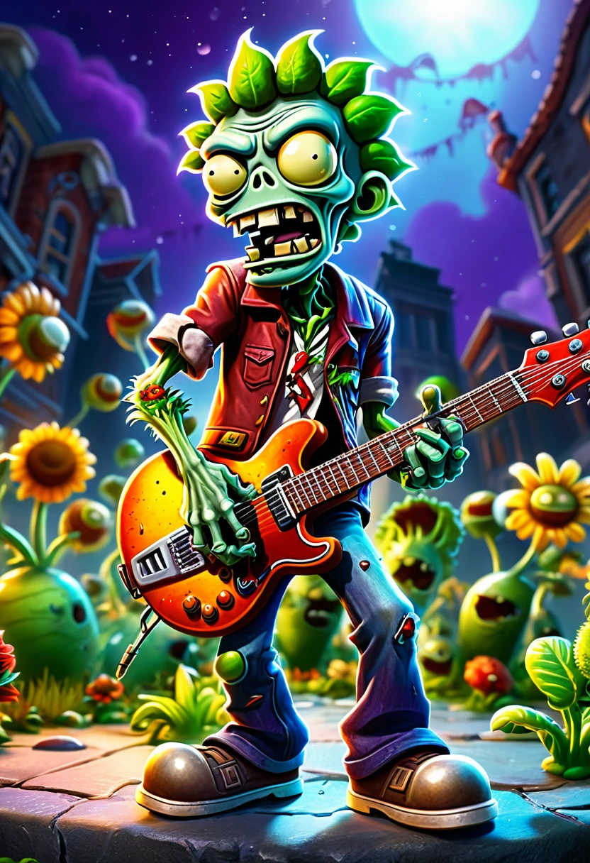 a Zombie dressed like Elvis Presley, hair, electric guitar, disco, game "Plants vs. Zombies", full body, cinematic still, cinemascope, best quality, masterpiece, very aesthetic, perfect composition, intricate details, ultra-detailed, vivid colors
