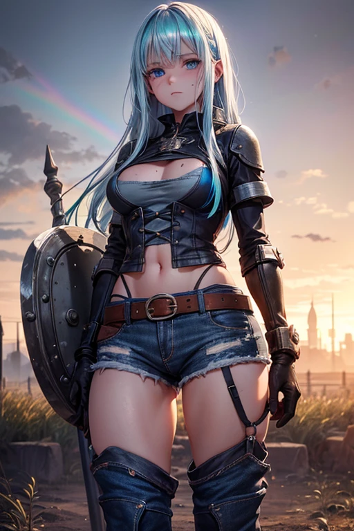 A girl with detailed matte blue eyes, Long white hair up, whole body, dirty face, naughty face, blacksmith gloves, a big shield on the back, blacksmith boots, Dirty denim shorts, short white shirt with a low cut tucked into the shorts, sweaty body, medium round/small breasts, thick legs, big ass, a big hammer in his hand, {Extremely detailed 16k CG unit wallpaper}, Expansive Landscape Photography, (A bottom view focused on the character and environment), (open field view), (low angle shot), (stand out: 1.8), (low light: 1.2), (warm light source: 1.5), complex details, (iridescent colors : 1.6), (bright lighting), (atmospheric lighting), Dreamer, magical,