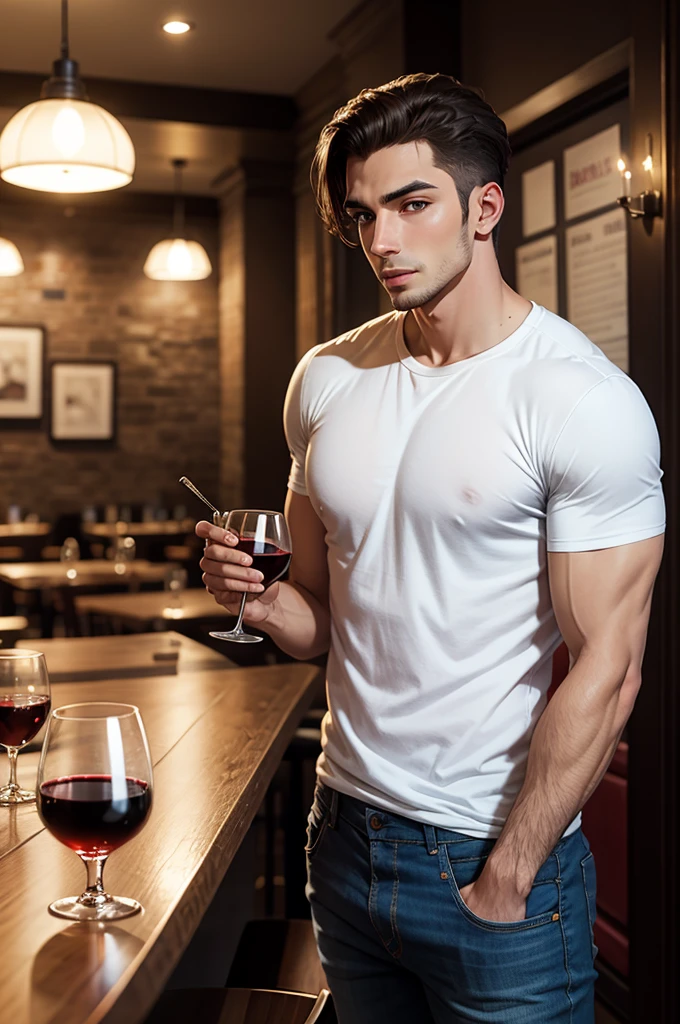 A handsome young man dressed in jeans and t-shirt tasting a glass of wine in a beautiful bistro in Paris