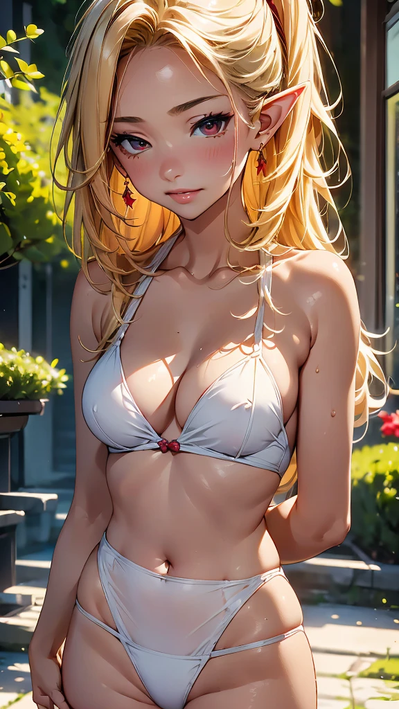 Elf、Colorful Swimsuits、Portrait of a beautiful 16 year old girl , detailedな背景画、Red Eyes, detailedな目、detailedな手脚、Accentuate the cleavage、Festivals, Tan Skin、Bright red lips, (masterpiece) (Highest quality) (detailed) (8K) (High resolution) (Cinema Lighting) (Sharp focus)、Blonde、(Inner Color: Random), ((blush: 0.8)), Natural skin texture, Transparent skin、Delicate, rolled up、luxury、whole body、A step back angle、
