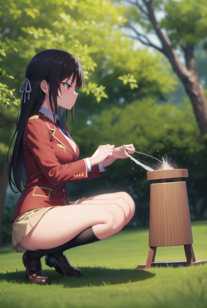 nsfw,suzune horikita,forest,Under the tree,Show the whole body,front,from the front,uniform,Red blazer,Hair ribbon, black knee-high socks,tie,((,Pee,Urinating,)),squat,女genital,genital,