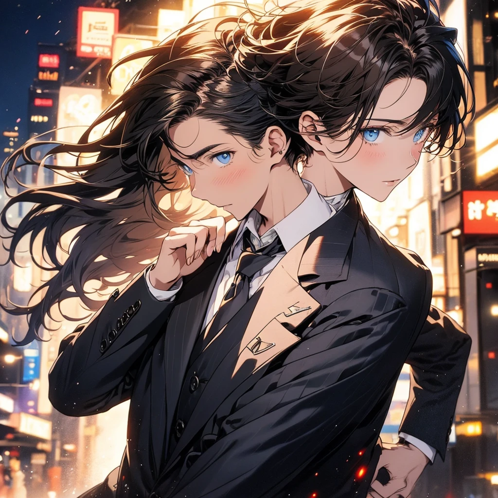 Half body ,With anime A man , with  blue eyes  and brown hair. wearing a black suit , city background at night, Look back. 