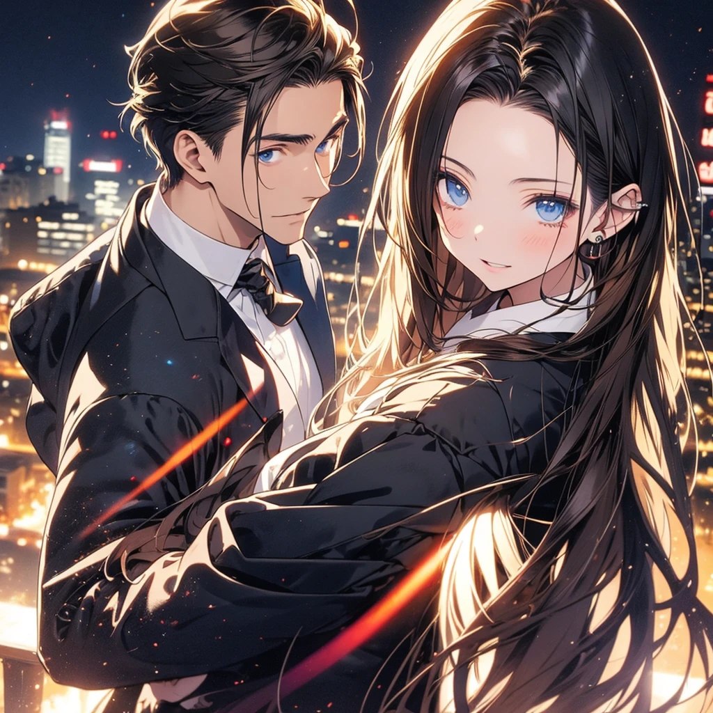 Half body ,With anime A man , with blue eyes and brown hair. wearing a black suit , city background at night, Look back.
