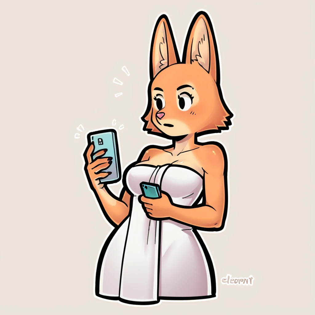 score_9_presence, score_8_up, Diane Foxington, wrapped in towel medium breasts, holding phone