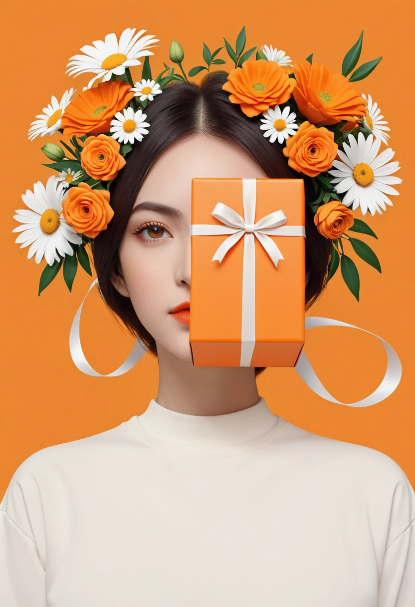 poster design，The face is a giant orange gift box，Flowers，Ribbon，White crewneck shirt，fantasy，Minimalism，fantasy，science and technology，in style of Hayv Kahraman