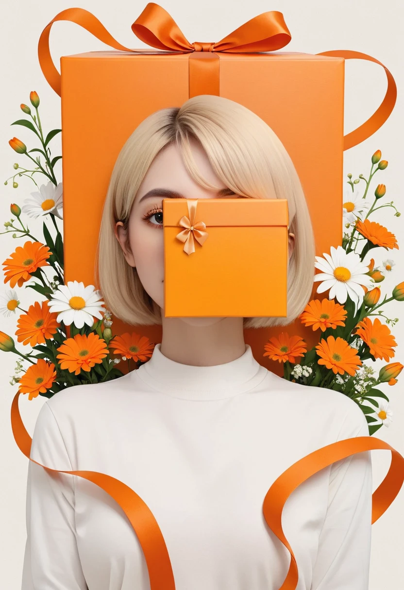 poster design，The face is a giant orange gift box，Flowers，Ribbon，White crewneck shirt，fantasy，Minimalism，fantasy，science and technology，in style of Hayv Kahraman