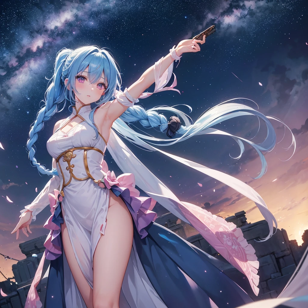 Sky blue hair, (One braided ponytail),(Pink Eyes),Fair skin ,(whole body),(One girl),goddess,Orihime,(Sky Yue),Tanabata,(The Milky Way in the night sky),Hollow Eyes,Blushing,Straight bangs,(masterpiece, Highest quality, Very detailed, Best Shadow), (Detailed Background), (Beautifully detailed face), High Contrast, (Best lighting, Very delicate and beautiful), ((Cinematic Light)), colorful, Hyper Detail, Dramatic Light, Intricate details,Open your arms
