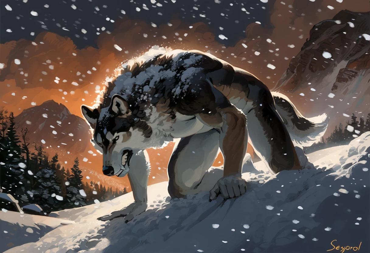 solo, male, anthro, (Husky), by seyorrol, digital artwork, ((detailed background)), intricate detailed blizzard background, heavy blizzard, mysterious shadows, realistic shading, (epic, masterpiece, high quality, 8k, ultra HD, absurd res, top quality, best quality, max quality, masterpiece), ((sexy, masculine body)), cloudy sky, (realistic fur), looking to the side, ((perfect hands)), ((on knees, on all fours)), struggling to walk through blizzard, ((serious expression, baring teeth, realistic teeth, perfect teeth)), snowing very heavily, nighttime, (((half body))), (((nude, nutsack))),
