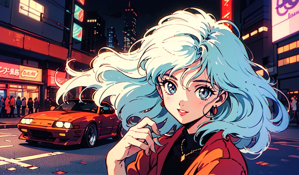(80's, retro, city pop:1.5), (album cover), (masterpiece, best quality), (anime, illustration), (pastel colors:1.4),
best photo pose, dynamic angle,
has bluish white hair, and has a cool impression,
girl, solo, smile, perfect detail eyes, delicate face,
City Scenes, night city, tokyo, high fashion, tying hair, Drive in a red sports car,