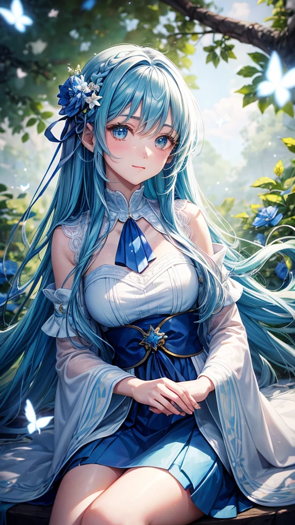 A young woman with long blue hair, wearing a white and blue winter outfit, sits on a branch with a large blue flower, her hand reaching out to the sky. She has a playful expression on her face and is surrounded by a magical aura.

[Anime style, vibrant colors, magical and whimsical, inspired by the works of Mihoyo and Pixiv artists], [dynamic composition, soft lighting, glowing effects, bokeh effect, motion blur, detailed textures, background with a starry sky and white butterflies]