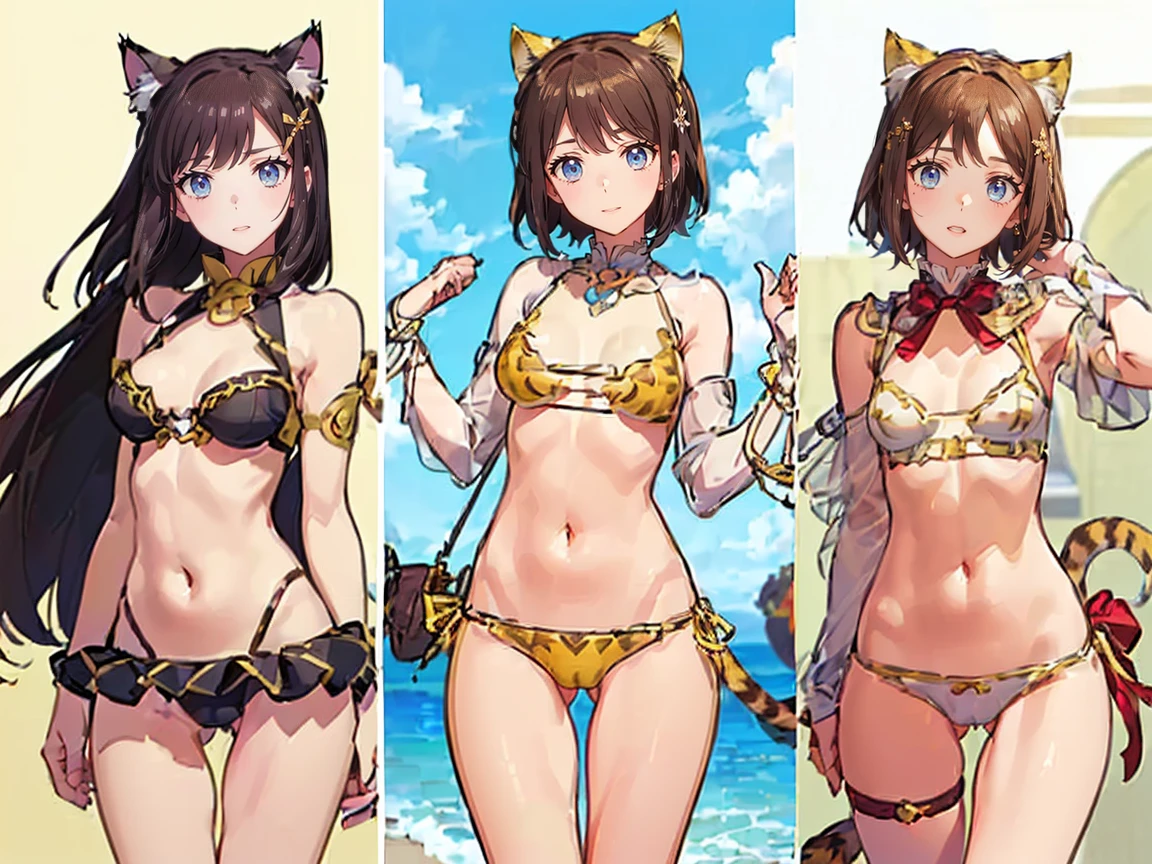 (((High resolution))), (((Very detailedな))), (((Three Girls:1.3))),((７Head to Body:1.3))、 (((beach,Outdoor、Midday light background)))、(((Cute face:1.3))), (((smile:1.5)))、(((Beautiful and detailed eyes:1.3))), (((Very detailed))), (((Details face:1.5))), break , ,sunny, ,((Cat ear:1.5)),((Very delicate body))、((Very flat chest))、((Small waist))、((thigh gap:1.5))、Friendly atmosphere,((from side))、Normal limbs、
