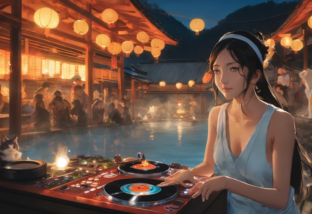 A vibrant onsen event set in a picturesque outdoor landscape with steam rising from the hot springs and lanterns casting a warm glow, where a girl with blue eyes and a cat by her side takes center stage as a DJ, spinning records and energizing the crowd with music, depicted in Dynamic Realism with a focus on capturing the lively energy and intricate details of the scene.