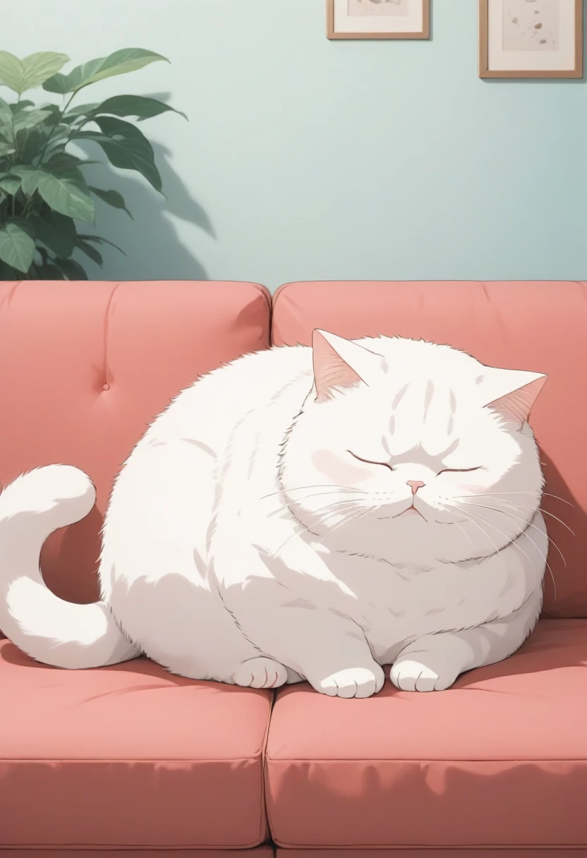 score_9, score_8_up, score_7_up, score_6_up, score_5_up, score_4_up, source_anime, 2.5D, cute plump cat is leaning on the sofa and napping, simple and cute picture book-like background with gentle color effects