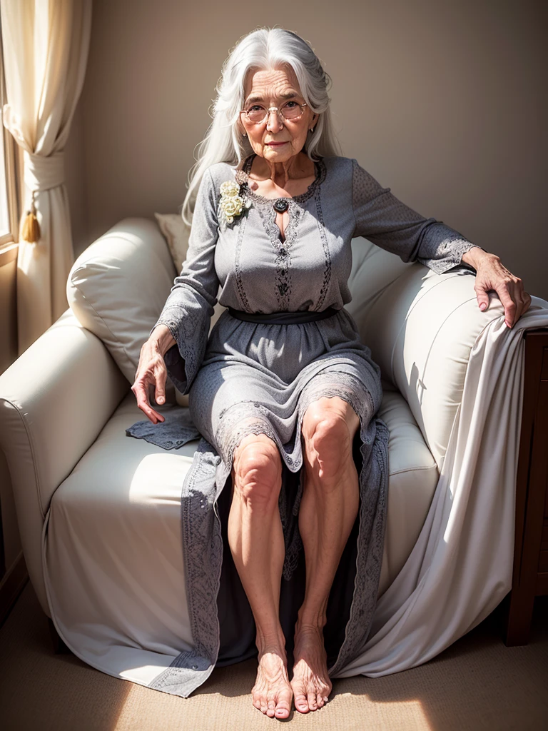 ((78 year old woman)), long gray hair, detailed and shadowed face, posing for photo, flowered dress, living room scene, senora (best qualityer).full body and foot, ((old skin))