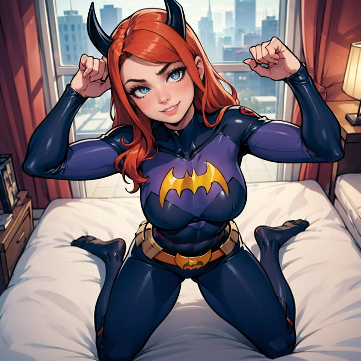 punctuation_9, punctuation_8_High above, punctuation_7_High above, punctuation_6_High above, punctuation_5_High above, (high qualiy, detailded, comely), detailded soft lighting, assessment_explicit, 1 girl, Kim Possible, red-orange hair, resting in your bed, looking sexy, comely eyes, eyes open, smiling, (batgirl suit:1.2), (twilight:1.2), (full body portraite:1.2), camel toe, sharp focus, portraite, studio lighting, bokeh, (work of art, best qualityer), (high resolution), rosto perfect, perfect, professional art, art station, cinematic lighting, comely face, comely eyes, eyes large, glare eyes, comely smile, perfect hands, anatomically correcte, Perfect Anatomia.